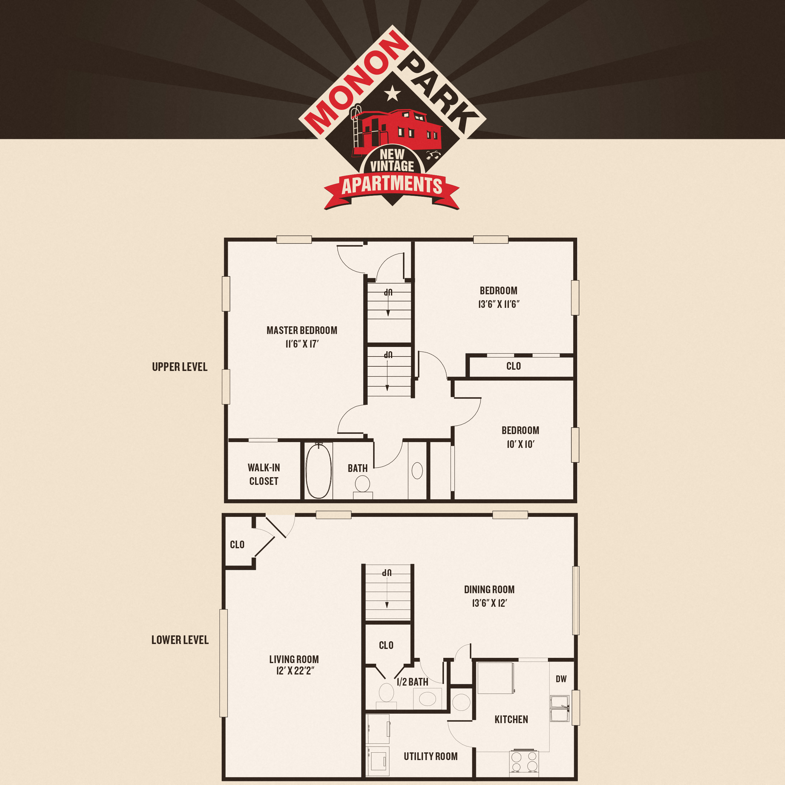 Floor plan for 3 beds, 1.5 baths, 1342 sqft